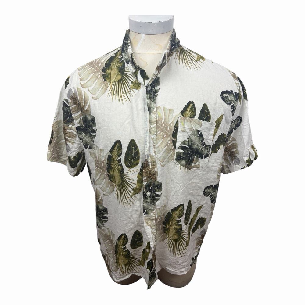 Magaschoni Man Mens XL Linen Blend Shirt Tropical Leaf Print Short Sleeve